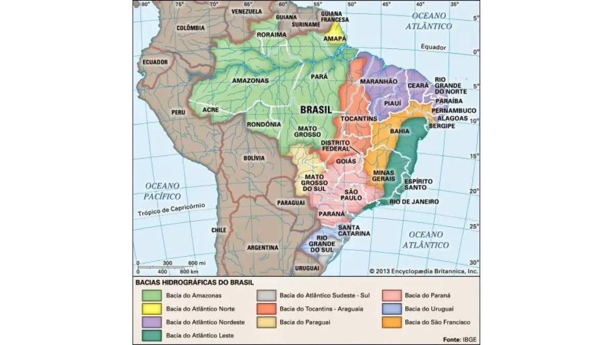 Mapa ilustrando as principais bacias hidrográficas do Brasil.