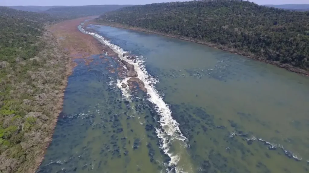 Encontro entre correnteza e água calma em um rio brasileiro, ambiente que influencia diretamente a distribuição dos peixes.