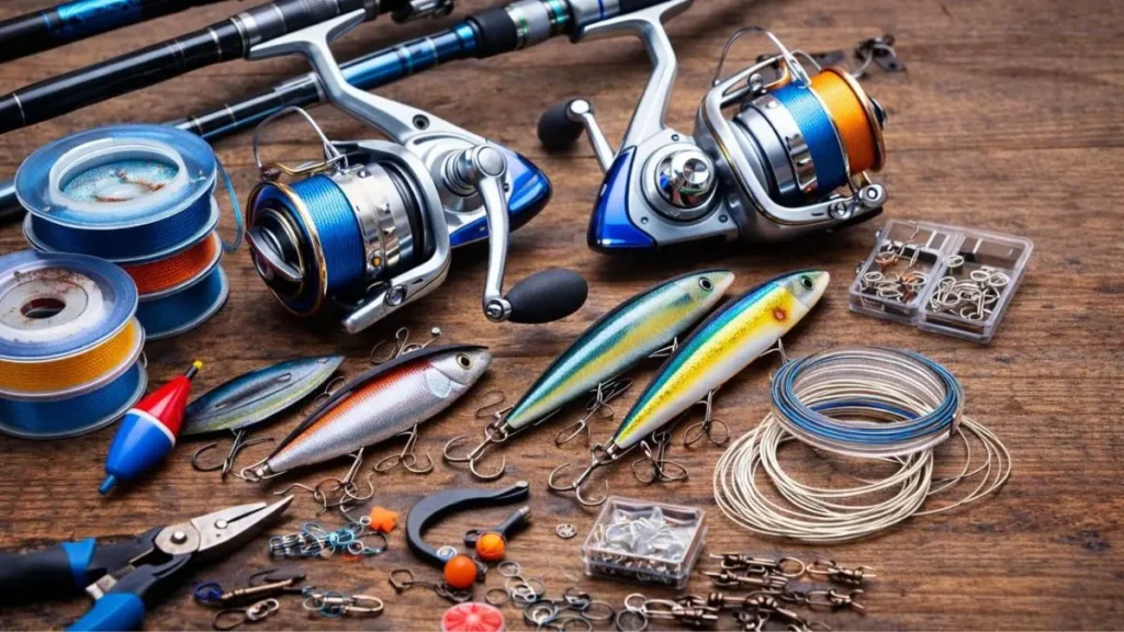Snaps, giradores, líderes, alicates e acessórios organizados para montagem de equipamentos de pesca esportiva em água doce.