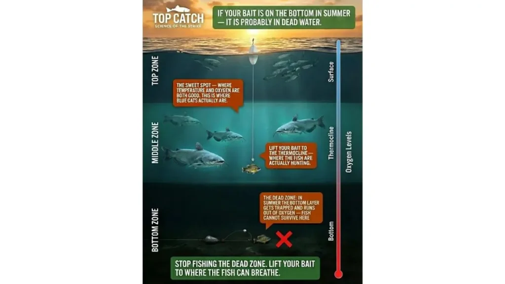 Ilustração de uma pesca em água quente e com baixa oxigenação em ambiente de água doce.