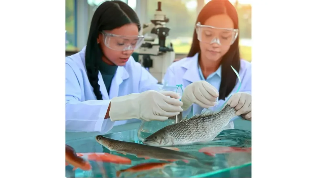 Pesquisador realizando estudo científico sobre comportamento de peixes. 