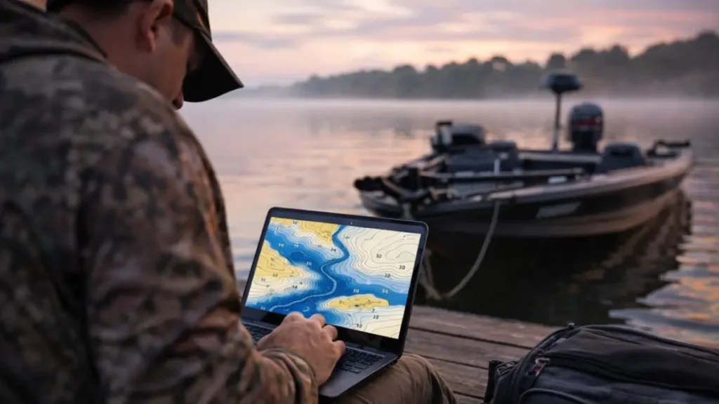 Operador utilizando drone para reconhecer áreas de pesca antes dos arremessos.