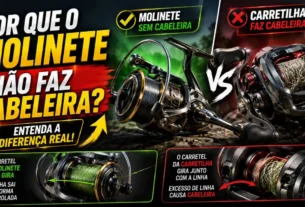 Molinete de pesca sem cabeleira comparado ao mecanismo da carretilha.