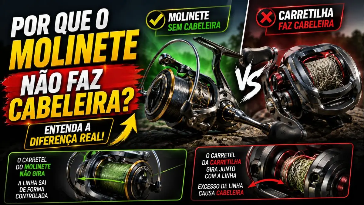 Molinete de pesca sem cabeleira comparado ao mecanismo da carretilha.