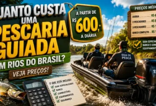 Pescaria guiada em rio brasileiro com barco de pesca esportiva e guia especializado.