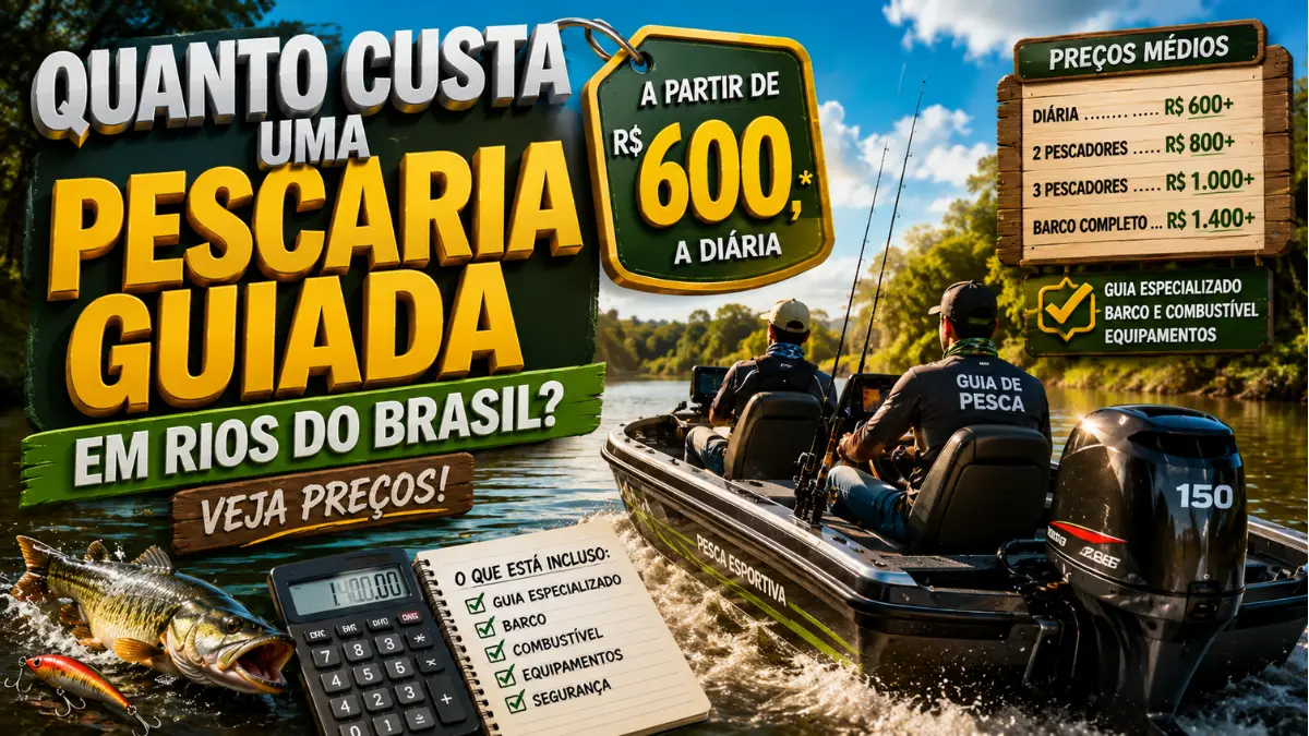 Pescaria guiada em rio brasileiro com barco de pesca esportiva e guia especializado.