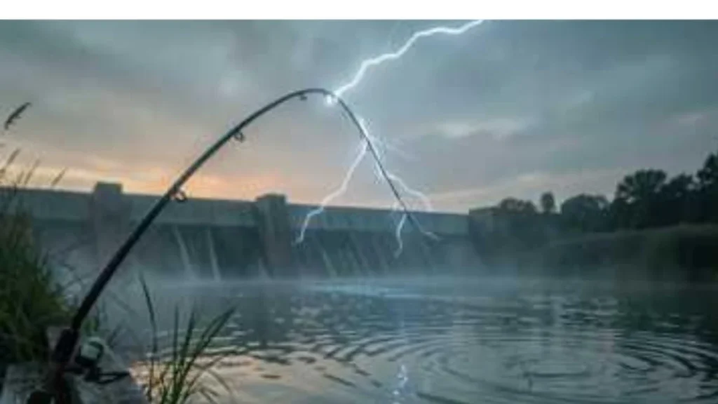 Nuvens de tempestade sobre área de pesca, indicando risco de descargas atmosféricas.