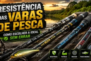 Varas de pesca de diferentes resistências para modalidades de pesca esportiva.