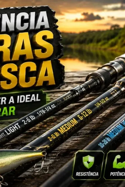 Varas de pesca de diferentes resistências para modalidades de pesca esportiva.