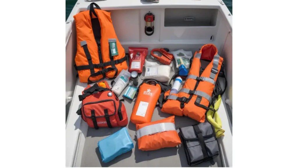 Equipamentos de segurança para embarcação utilizada em pesca esportiva.