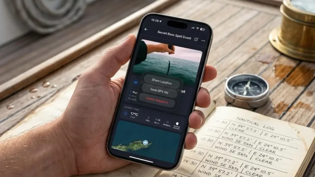 Smartphone integrado com aplicativo para GPS portátil utilizado em diferentes modalidades de pesca.