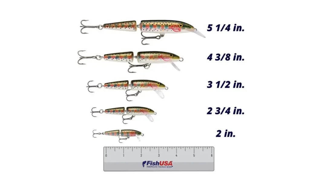 Iscas artificiais de diferentes tamanhos utilizadas para ajustar a apresentação aos peixes predadores.