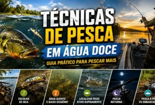 Guia de técnicas de pesca em água doce mostrando pescador, vara, iscas e ambiente de rio para capturar mais peixes.