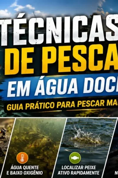 Guia de técnicas de pesca em água doce mostrando pescador, vara, iscas e ambiente de rio para capturar mais peixes.
