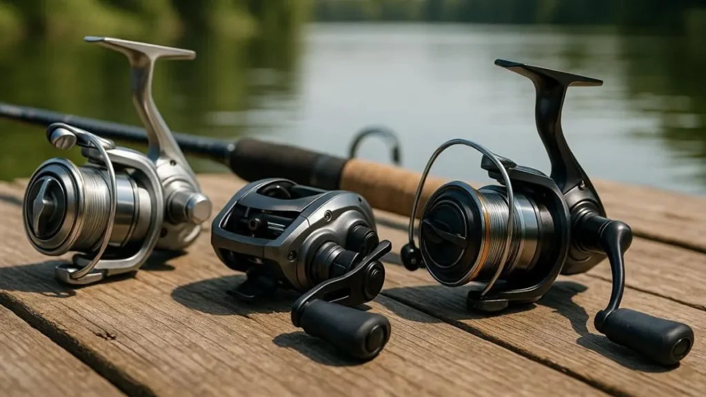 Diferentes modelos de carretilhas e molinetes para pesca esportiva de água doce organizados para comparação técnica.
