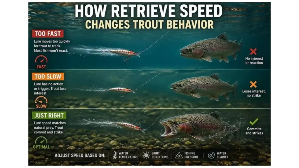 Representação dos diferentes comportamentos de peixes predadores ao acompanhar uma isca artificial.