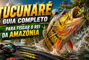 Tucunaré-açu gigante capturado durante pesca esportiva em rio da Amazônia.