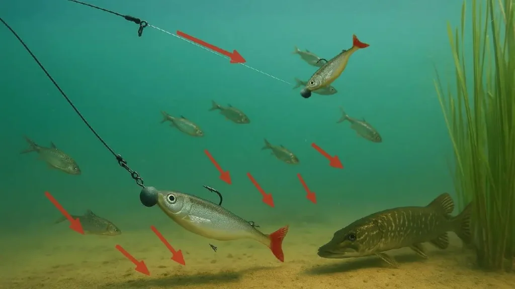 Comparação entre diferentes velocidades de recolhimento de uma isca artificial para estimular ataques de peixes predadores.