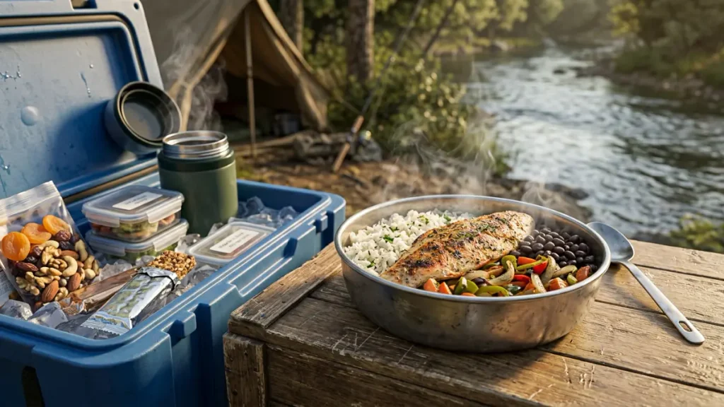 Refeição quente servida em tigela de camping ao lado de cooler com gelo, barras de cereal e garrafa térmica em acampamento de pescaria.