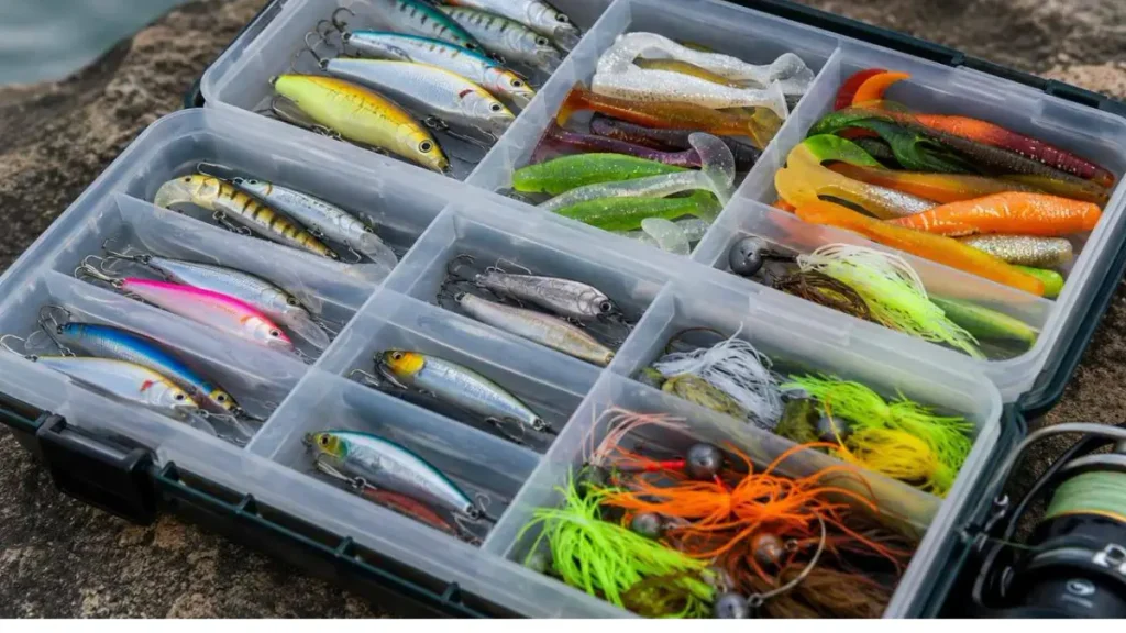 Iscas artificiais organizadas e armazenadas corretamente entre pescarias.