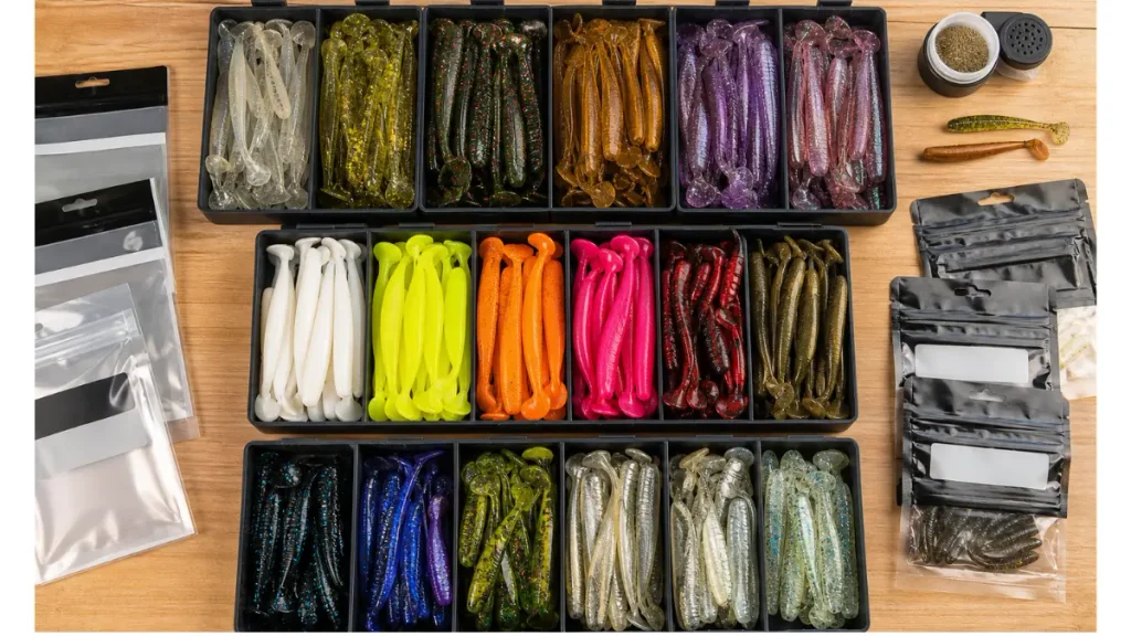 Iscas soft de diferentes cores e formulações, organizadas em bandejas separadas sobre bancada de pesca.
