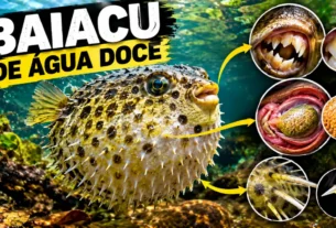 Baiacu de água doce inflado com destaque para estômago, dentes e defesa.