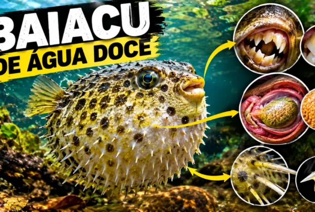 Baiacu de água doce inflado com destaque para estômago, dentes e defesa.