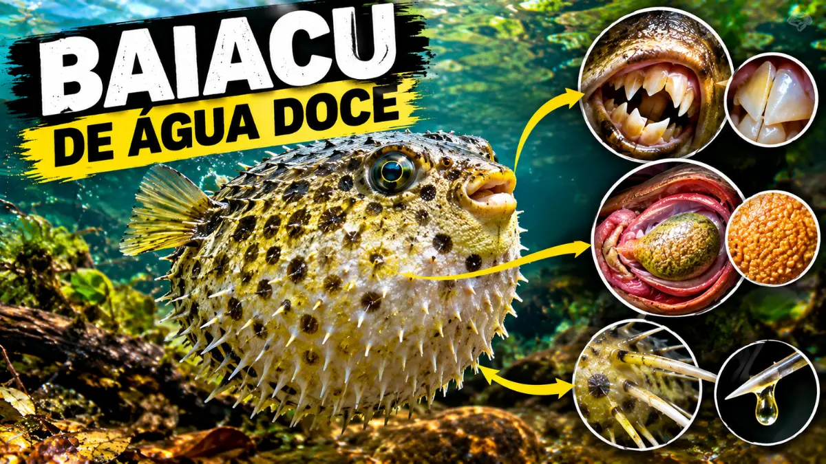 Baiacu de água doce inflado com destaque para estômago, dentes e defesa.
