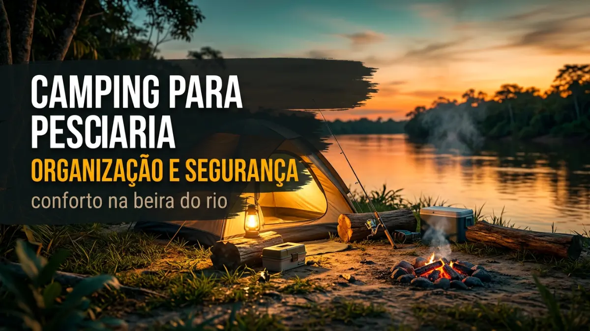 Camping para pescaria montado na beira do rio ao entardecer, com barraca iluminada, vara de pesca, caixa térmica e fogueira acesa.