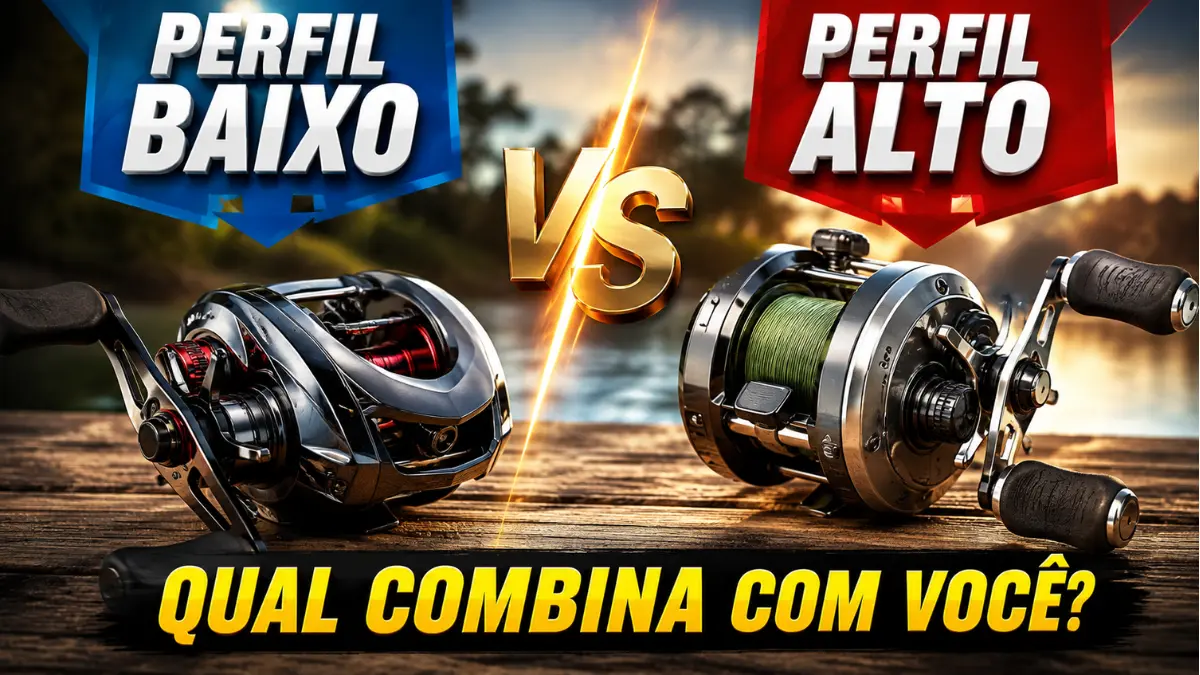 Carretilha de perfil alto ou baixo para pesca esportiva.