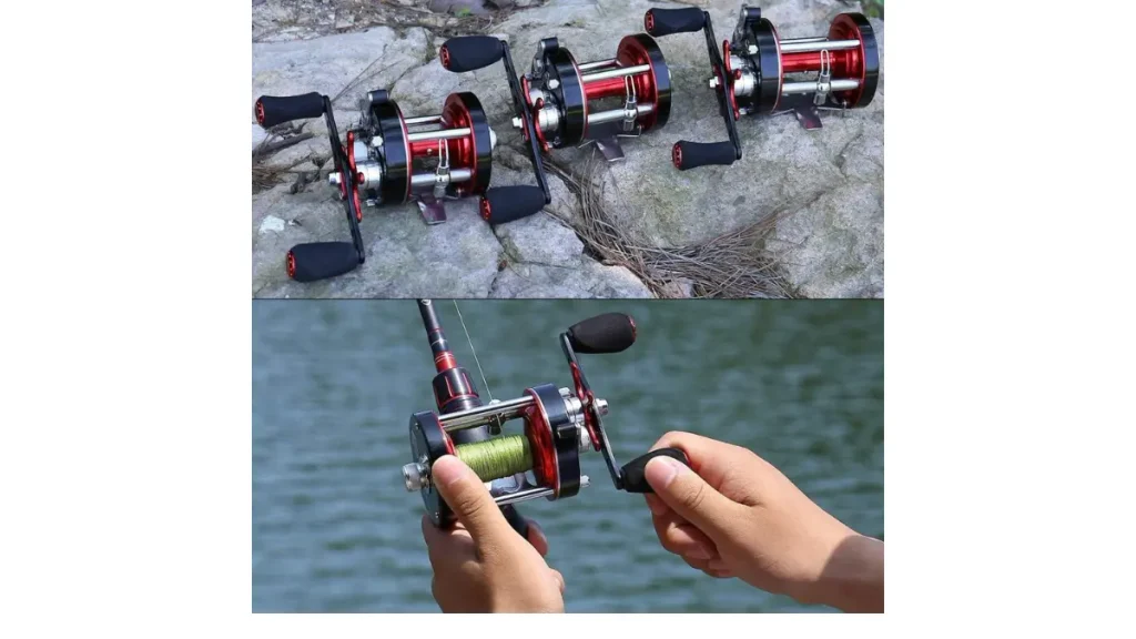 Carretilha de perfil alto para pesca pesada.