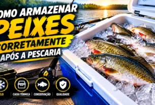 Peixes armazenados corretamente após a pescaria em caixa térmica com gelo em camadas, mantendo a conservação e a qualidade do pescado.