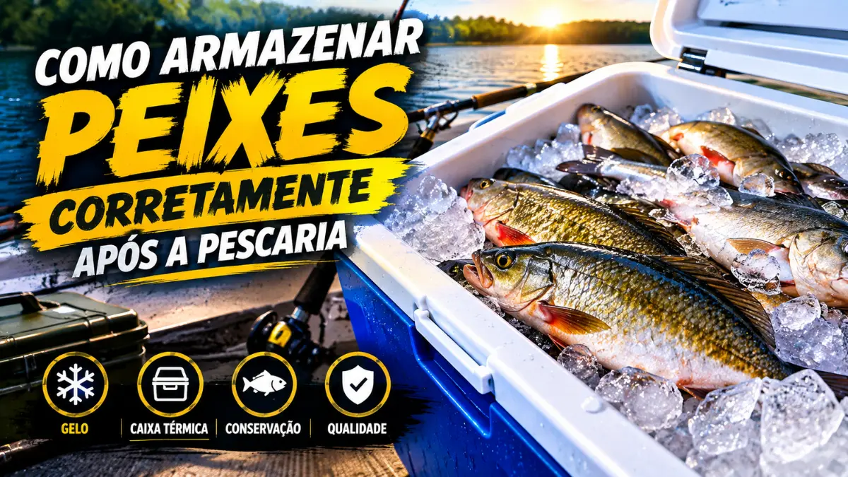 Peixes armazenados corretamente após a pescaria em caixa térmica com gelo em camadas, mantendo a conservação e a qualidade do pescado.