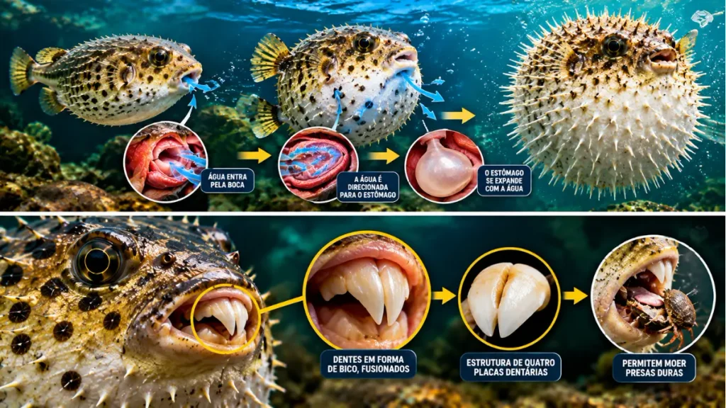 Baiacu de água doce: estômago, dentes e defesa surpreendentes. 2 Baiacu de água doce.