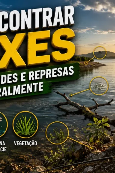 Pescador observando lago e estruturas naturais para encontrar peixes.