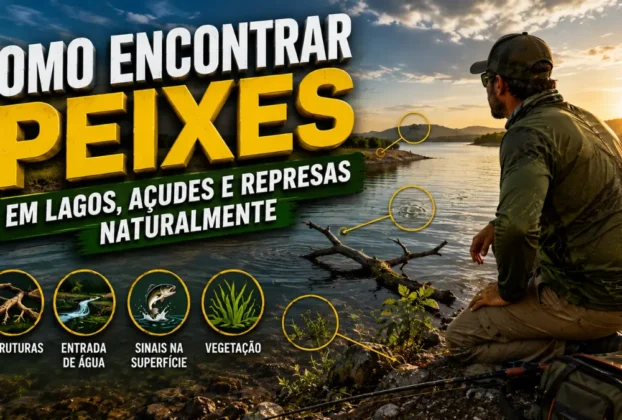 Pescador observando lago e estruturas naturais para encontrar peixes.