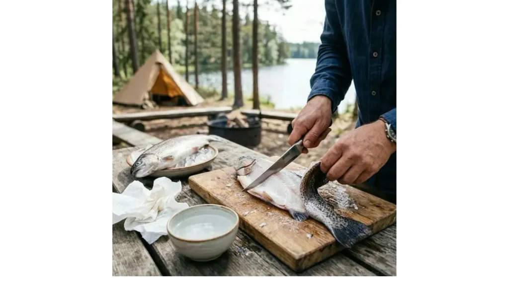 Limpeza e preparo de peixe fresco após a pescaria.
