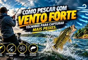 Pescador usando técnicas para capturar peixes durante uma pescaria com vento forte e água agitada.