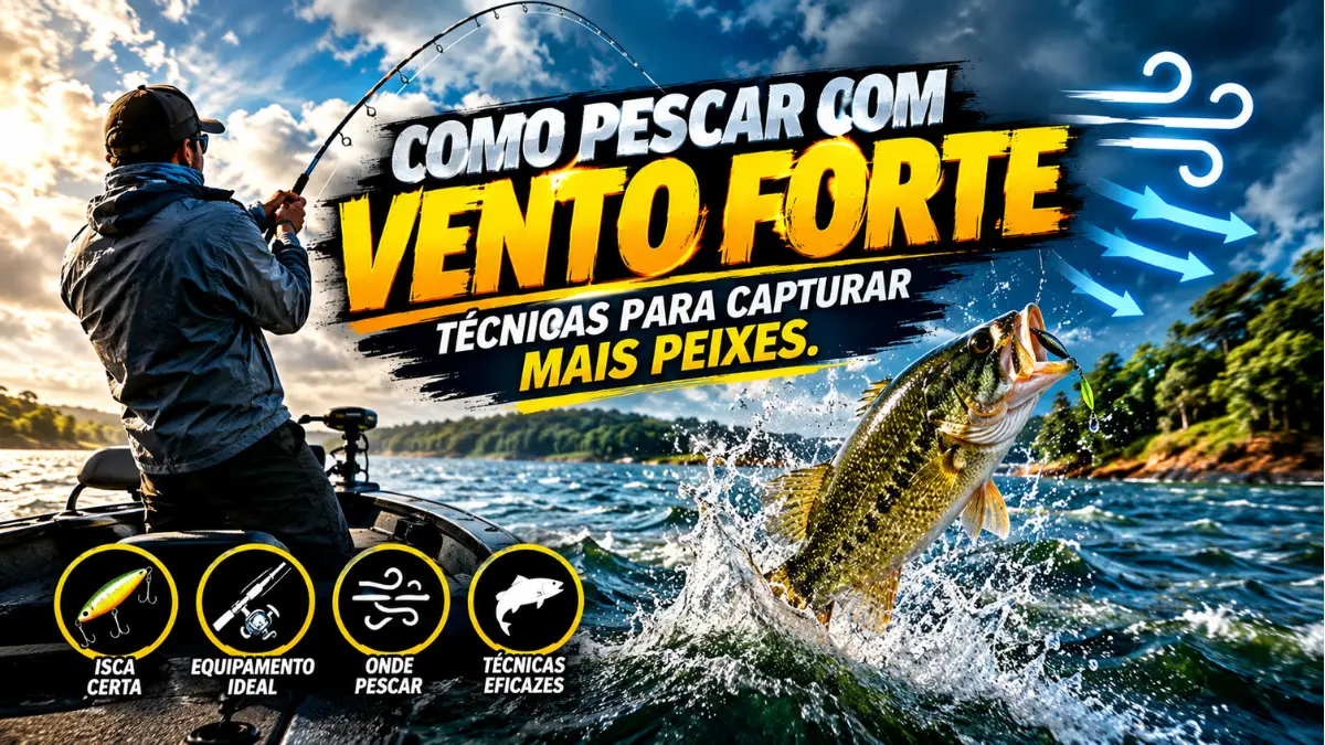Pescador usando técnicas para capturar peixes durante uma pescaria com vento forte e água agitada.