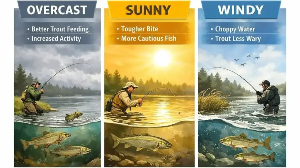 Condições de pesca mudam entre manhã, meio do dia e tarde.