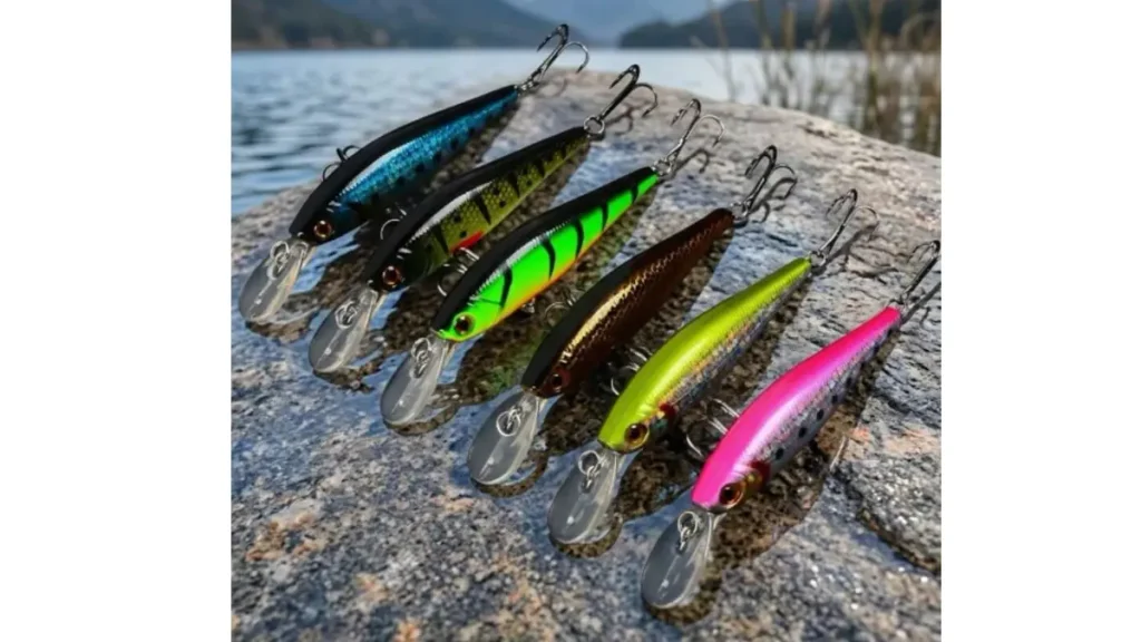 Iscas artificiais de diferentes cores e contrastes para peixes predadores.
