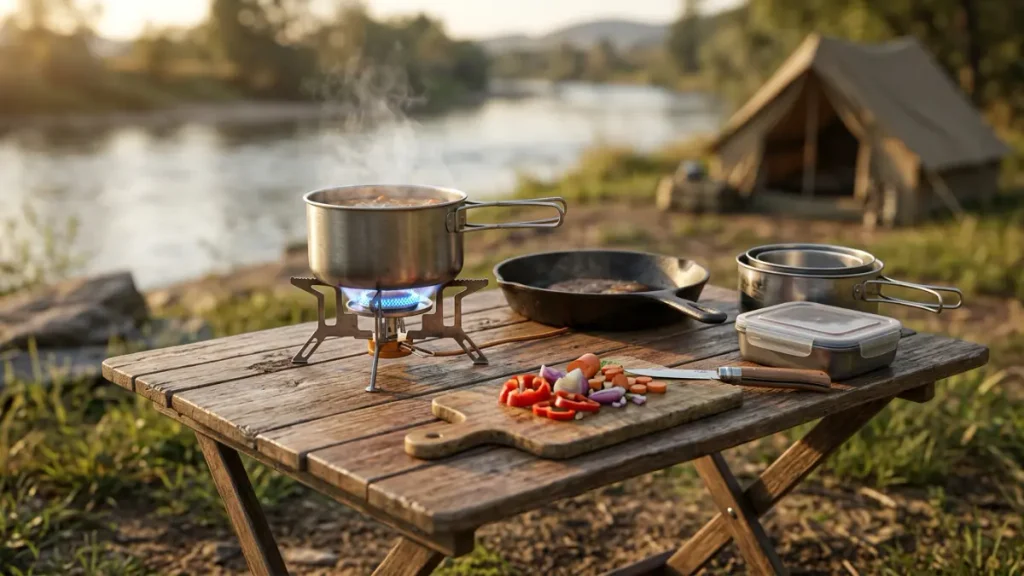 Cozinha de camping para pescaria com fogareiro portátil aceso, panela com vapor, frigideira e utensílios sobre mesa dobrável de madeira.