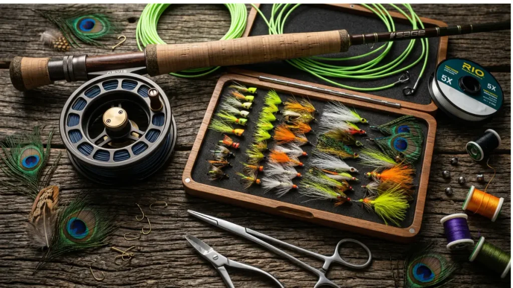 Fly fishing no Brasil: equipamentos, moscas e bons destinos. 2 Equipamentos de fly fishing dispostos em bancada de madeira com carretilha, linha, ferramentas e caixa repleta de moscas artificiais coloridas.