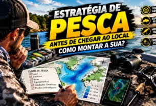 Planejamento de estratégia de pesca com mapa, iscas, equipamentos e pontos estratégicos antes de chegar ao local.