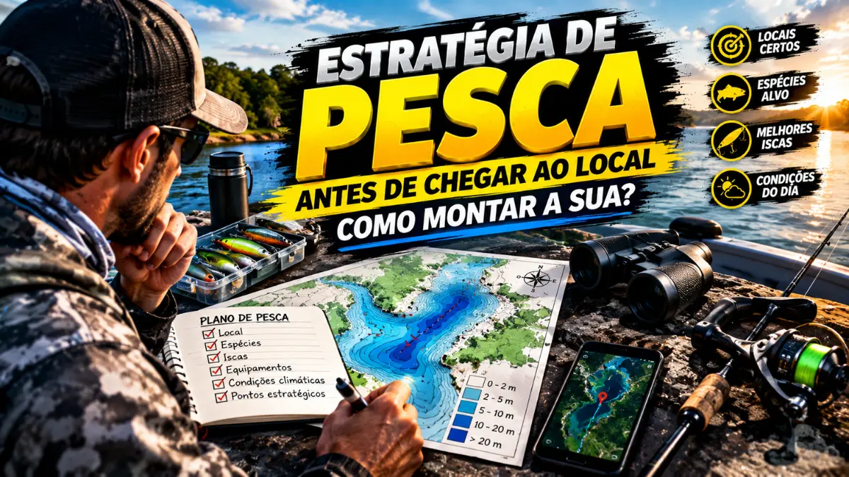 Planejamento de estratégia de pesca com mapa, iscas, equipamentos e pontos estratégicos antes de chegar ao local.