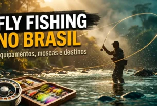Pescador arremessando linha de fly em rio de águas claras com molinete e caixa de moscas.