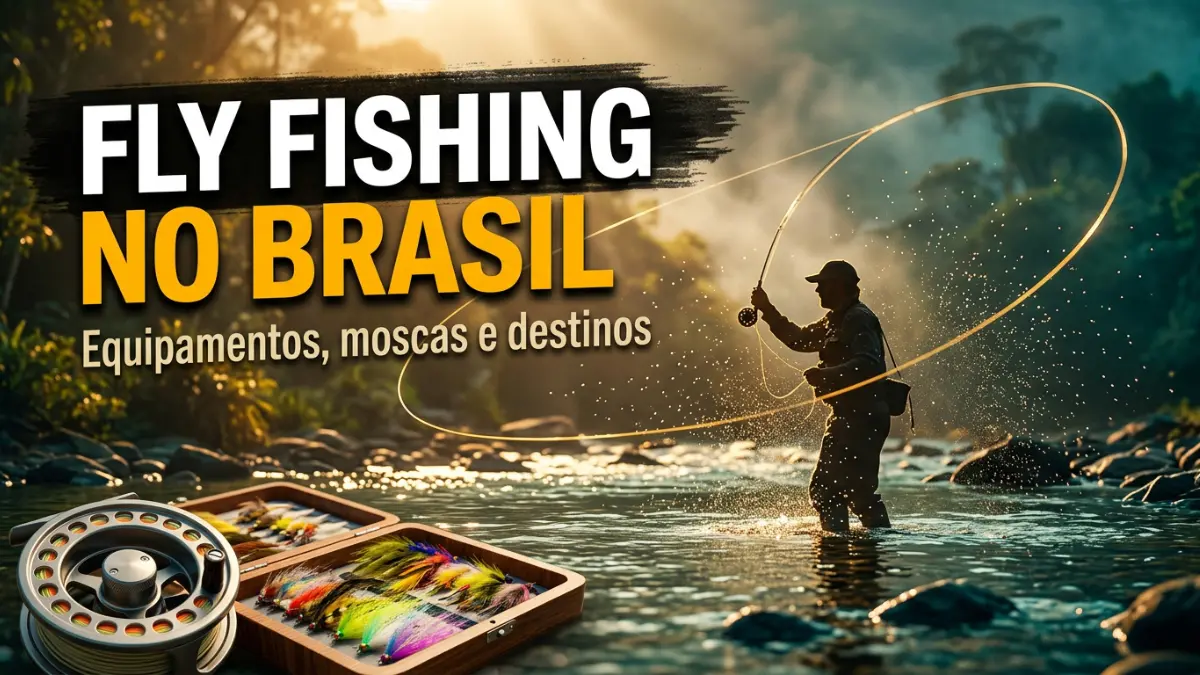 Pescador arremessando linha de fly em rio de águas claras com molinete e caixa de moscas.