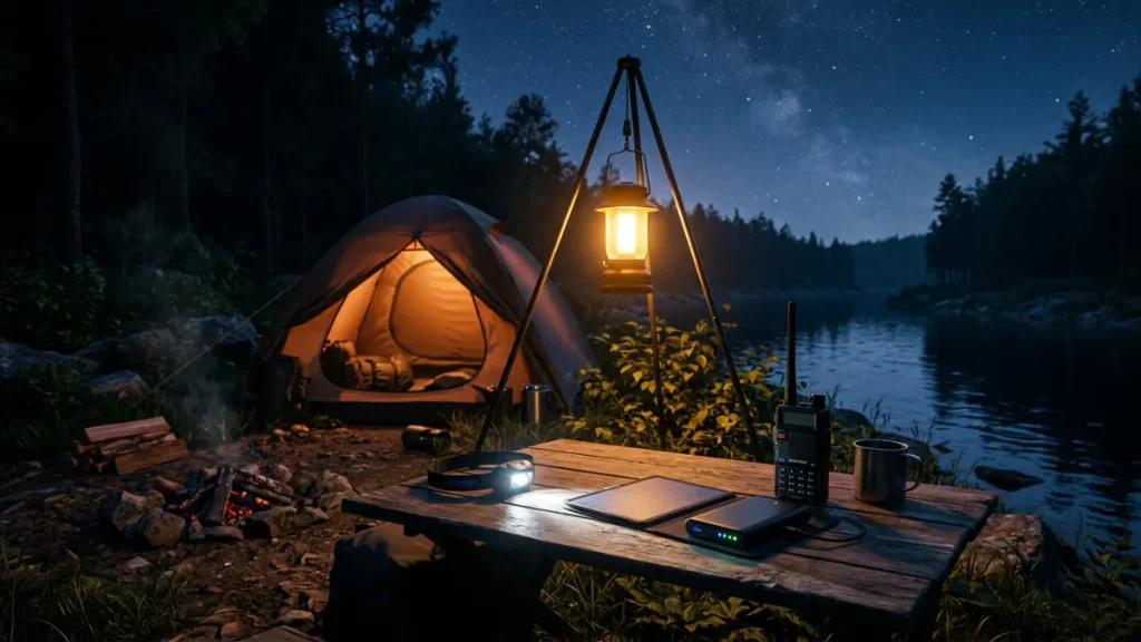 Acampamento de pescaria à noite com lampião LED aceso, lanterna de cabeça, painel solar carregando power bank e rádio comunicador.