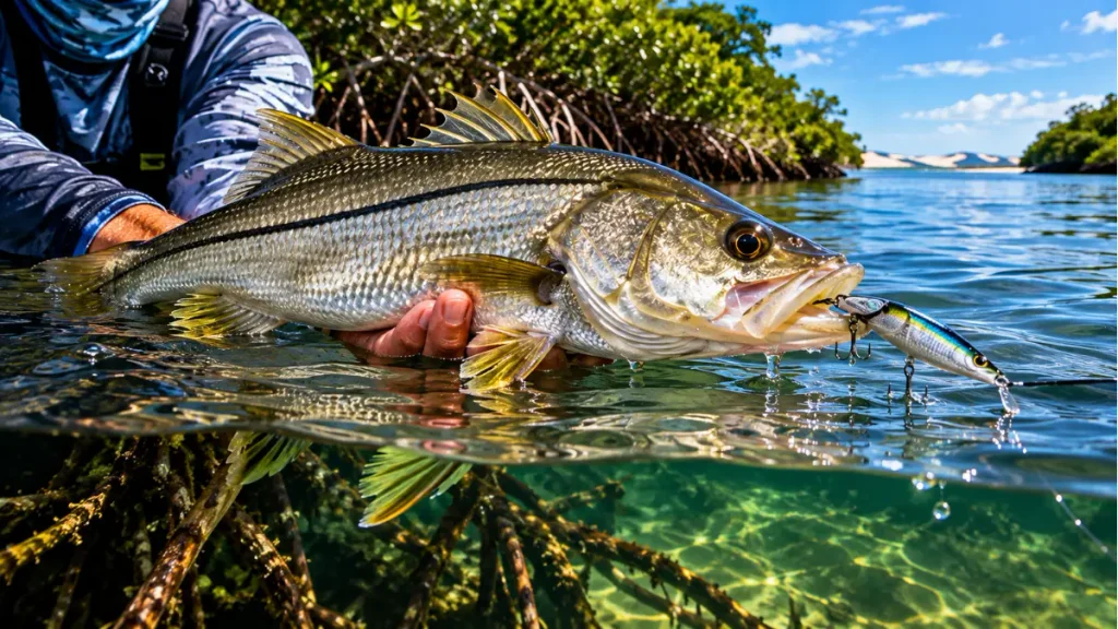 Iscas artificiais para pesca de robalo em águas de estuário.