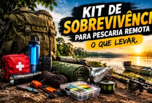 Kit de sobrevivência para pescaria remota com equipamentos essenciais.